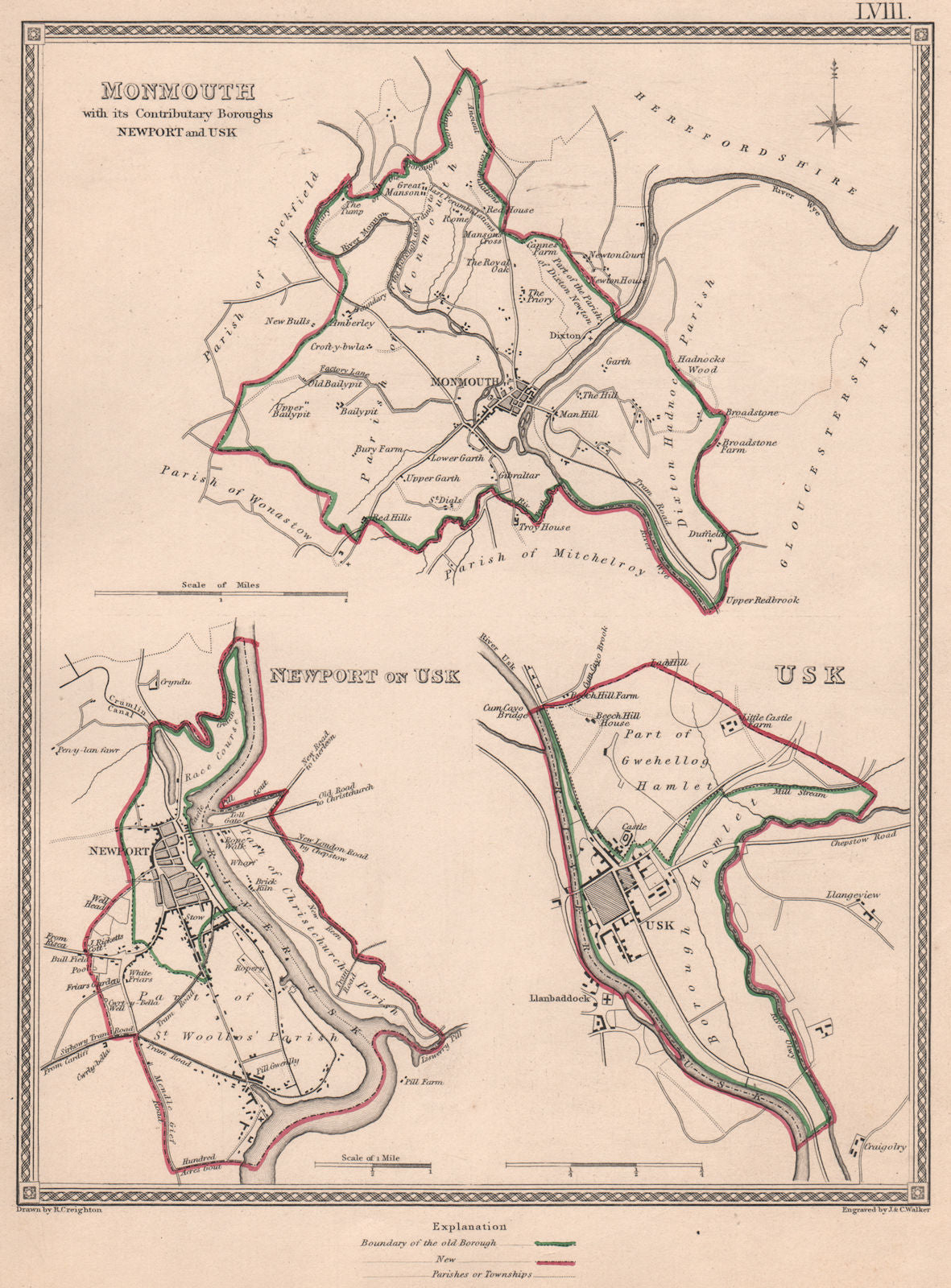 MONMOUTHSHIRE TOWNS. Monmouth Newport Usk plans. CREIGHTON/WALKER 1835 old map